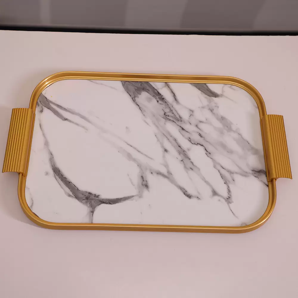 S14 TRAY. WHITE MARBLE/ GOLD